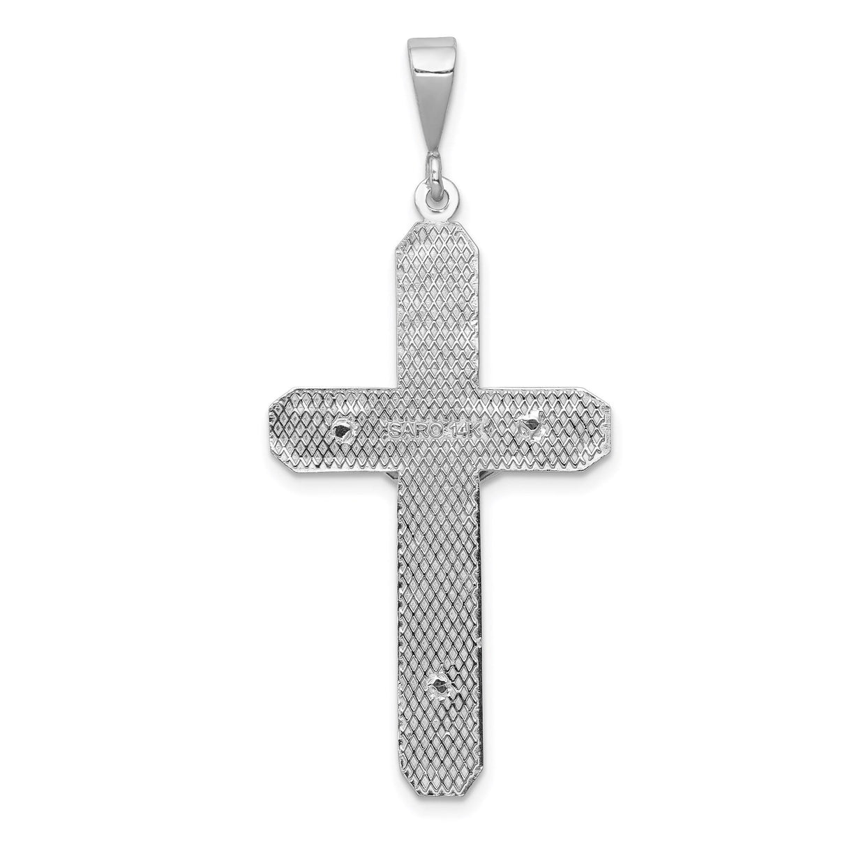 14k White Gold Crucifix Pendant with Detailed Christ Figure and Beveled Latin Cross Design