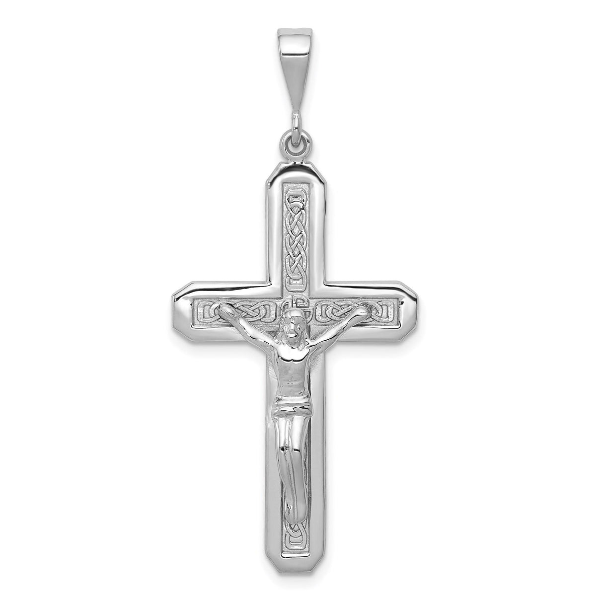 14k White Gold Crucifix Pendant with Detailed Christ Figure and Beveled Latin Cross Design