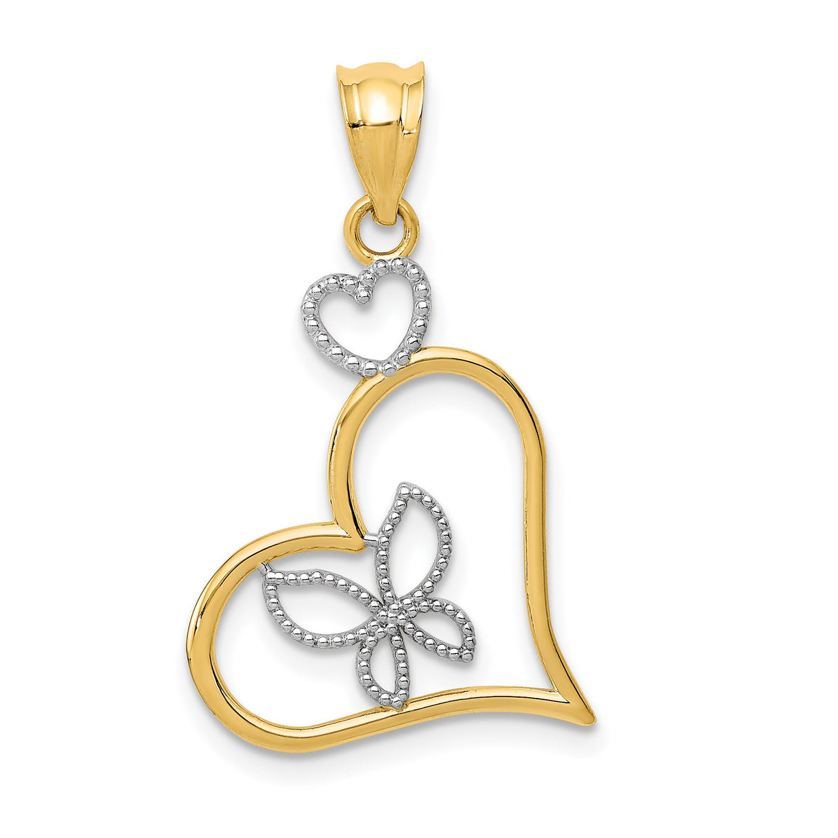 14k Multi-Tone Gold Heart Pendant with Open Heart Design and Butterfly for Women