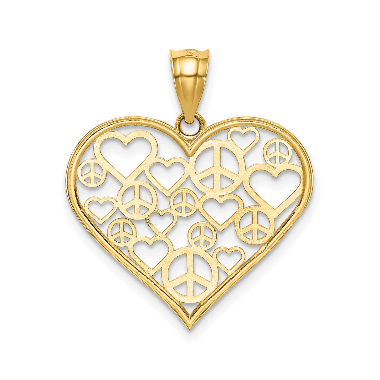 14k Yellow Gold Heart Pendant with Openwork Peace Signs and Hearts, Boho Hippie Style