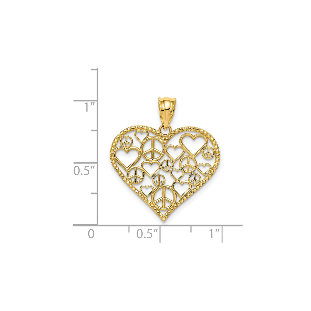 14k Yellow Gold Heart Pendant with Openwork Peace Signs and Hearts, Boho Hippie Style