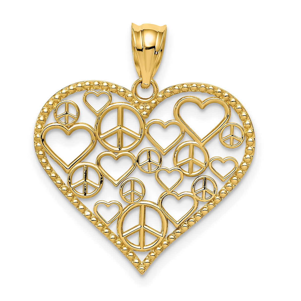 14k Yellow Gold Heart Pendant with Openwork Peace Signs and Hearts, Boho Hippie Style