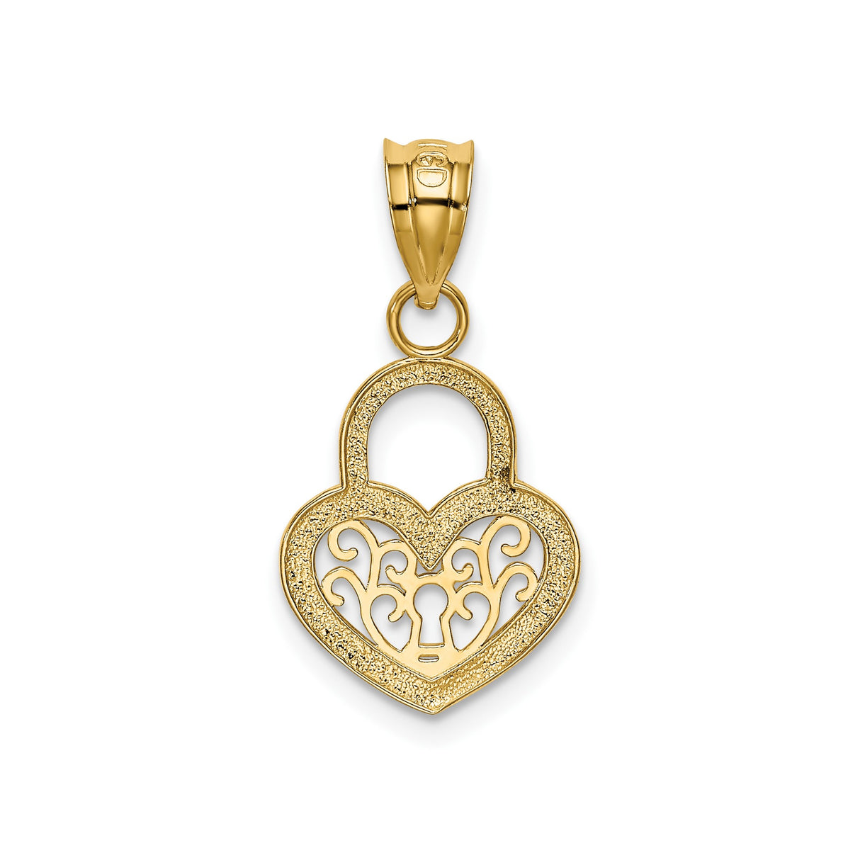 14k Yellow Gold Heart Lock Pendant with Filigree Detailing and Keyhole Design
