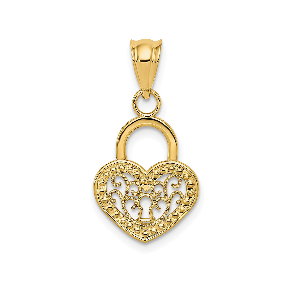 14k Yellow Gold Heart Lock Pendant with Filigree Detailing and Keyhole Design