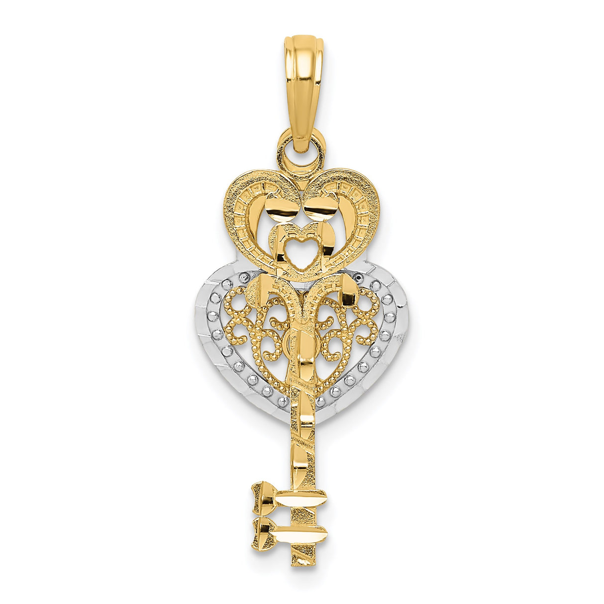 14k Two-Tone Gold Heart and Key Pendant with Filigree Details for Women