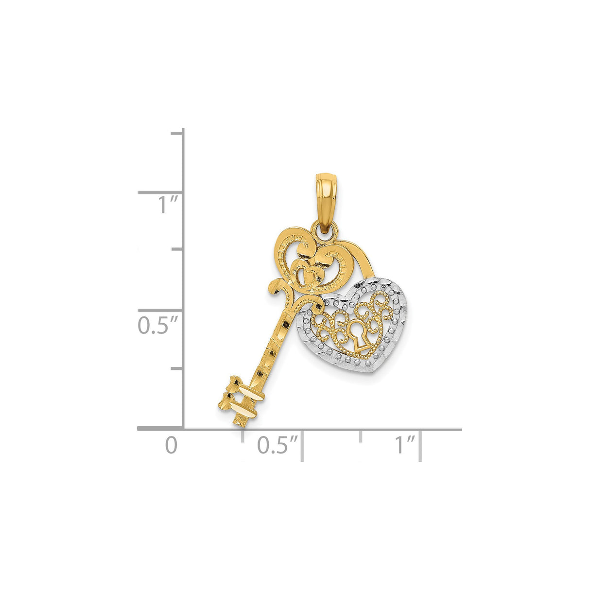 14k Two-Tone Gold Heart and Key Pendant with Filigree Details for Women