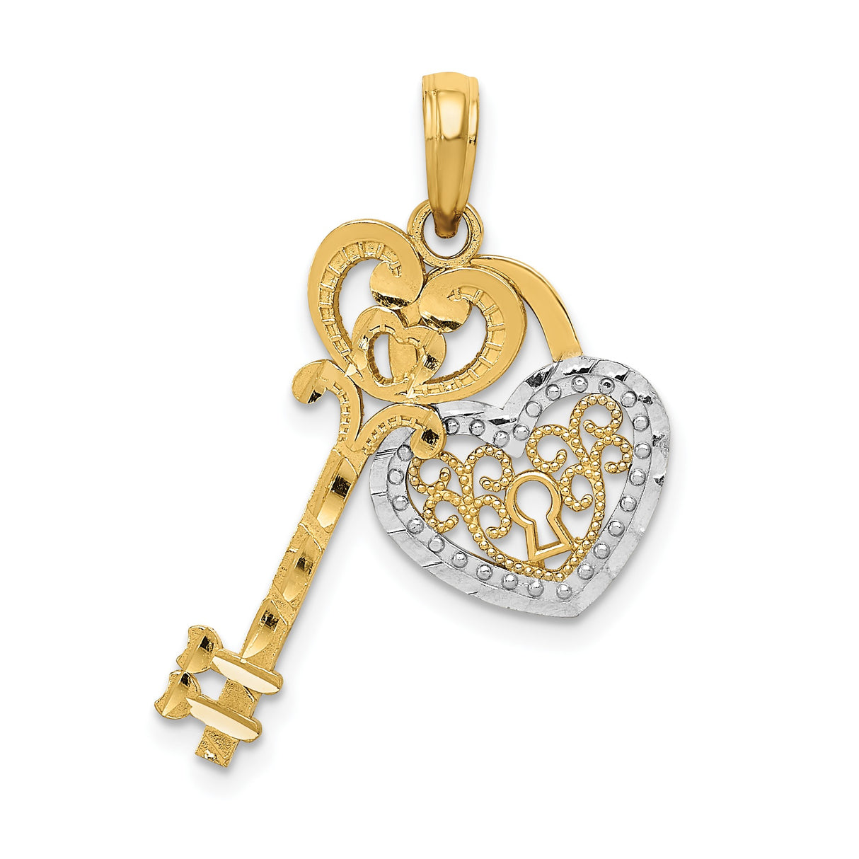 14k Two-Tone Gold Heart and Key Pendant with Filigree Details for Women