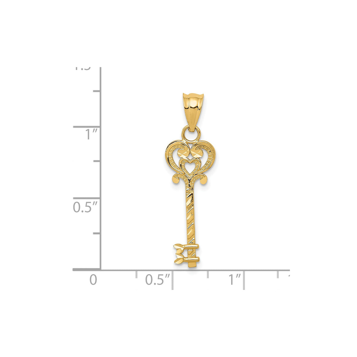 14k Yellow Gold Key Pendant with Heart Design and Scrollwork for Women
