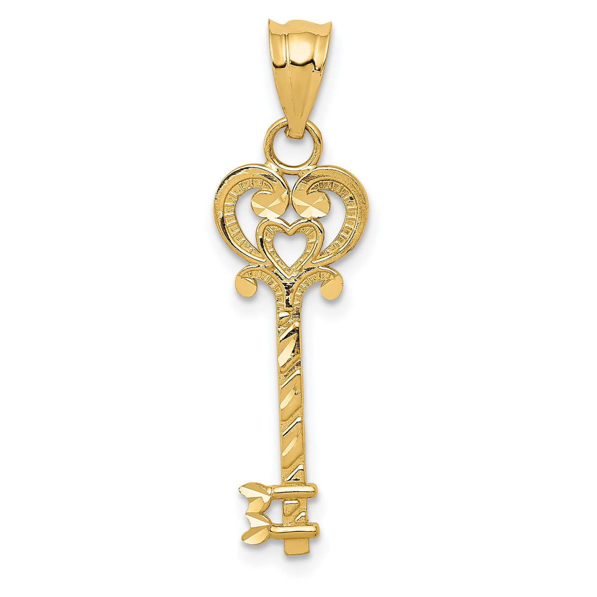 14k Yellow Gold Key Pendant with Heart Design and Scrollwork for Women