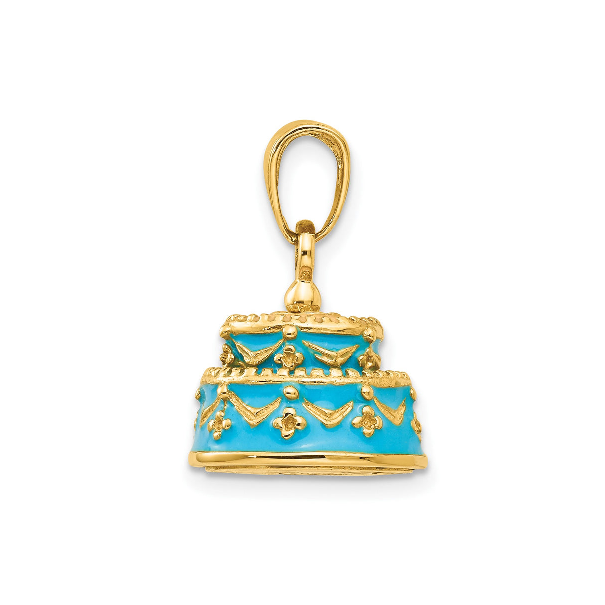 14k Yellow Gold Birthday Cake Pendant with Blue Enamel, Tiered Celebration Charm