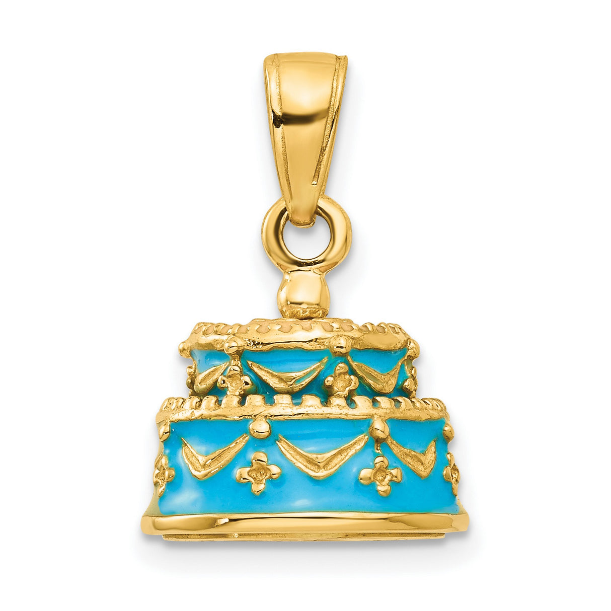 14k Yellow Gold Birthday Cake Pendant with Blue Enamel, Tiered Celebration Charm
