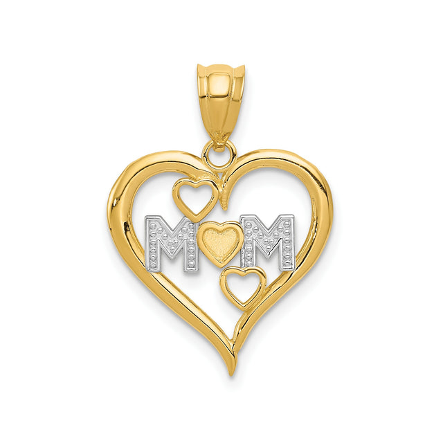 14k Yellow Gold and Rhodium Mom Open Heart Pendant with White Rhodium Accents