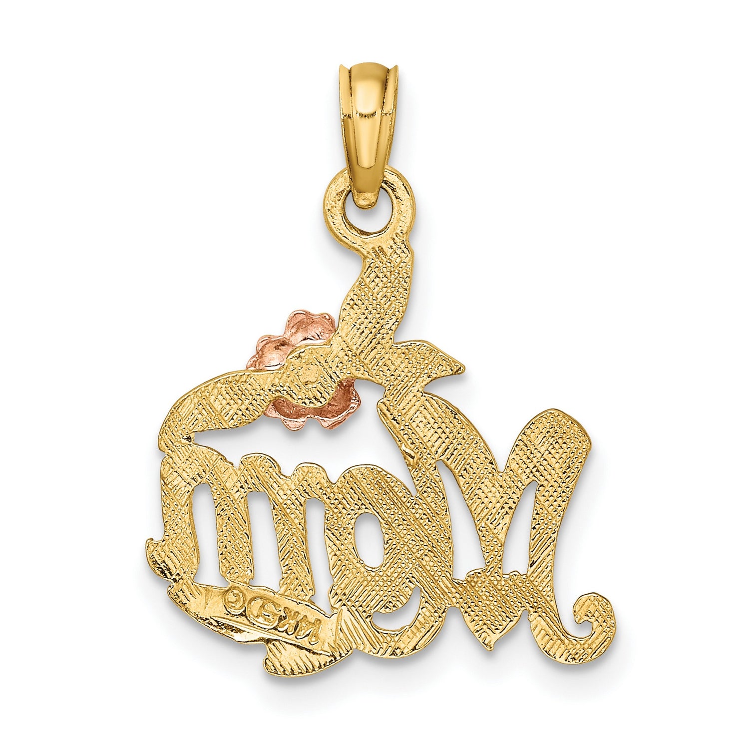 14k Two-Tone Gold Mom Pendant with Rose Gold Flower and Leaf Details