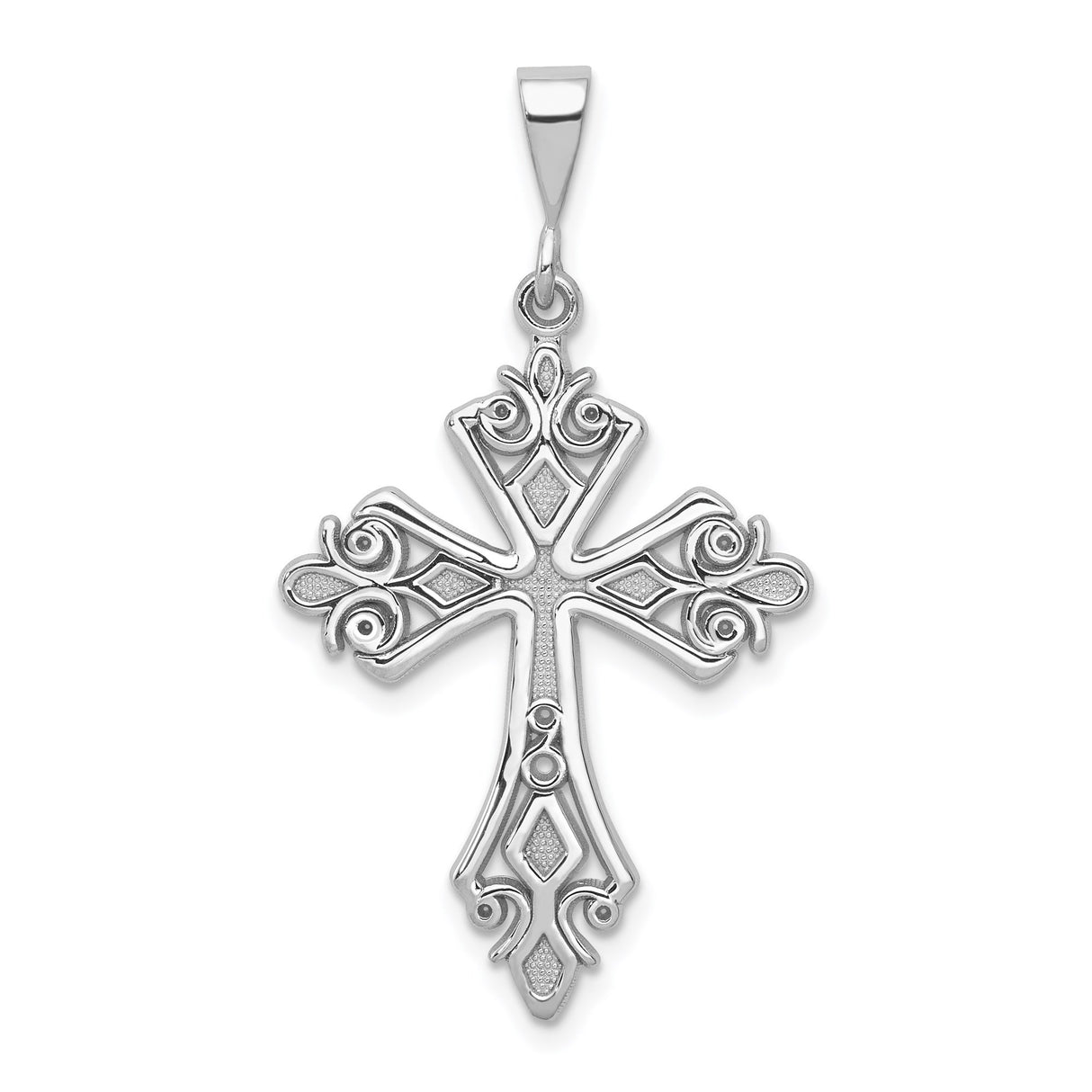 14k White Gold Cross Pendant with Fleur de Lis Baroque Design