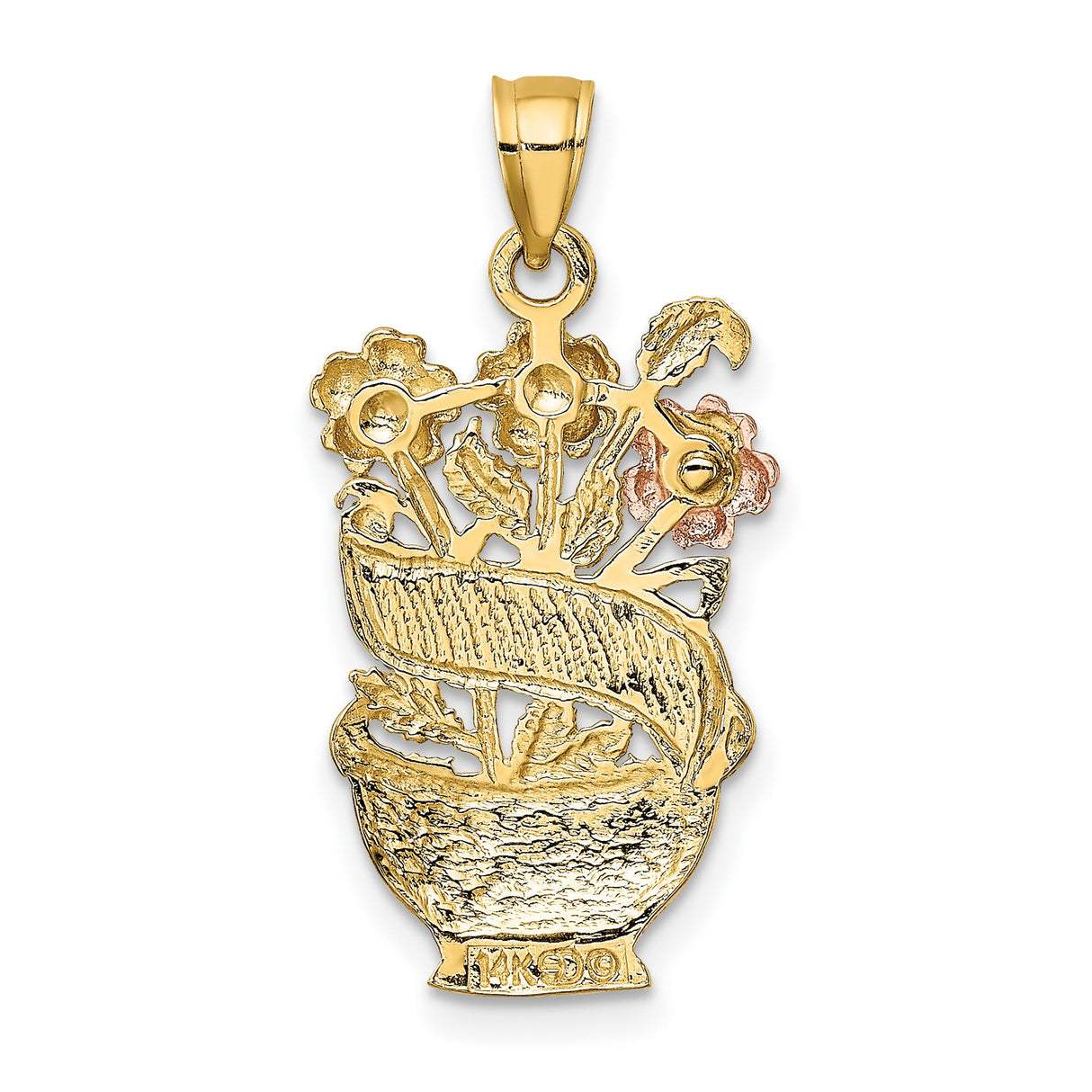 14k Multi-Tone Gold Basket Flower Pendant with MOM Banner and Floral Design