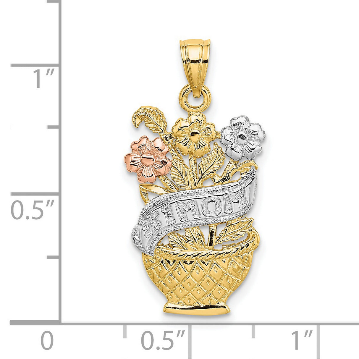 14k Multi-Tone Gold Basket Flower Pendant with MOM Banner and Floral Design