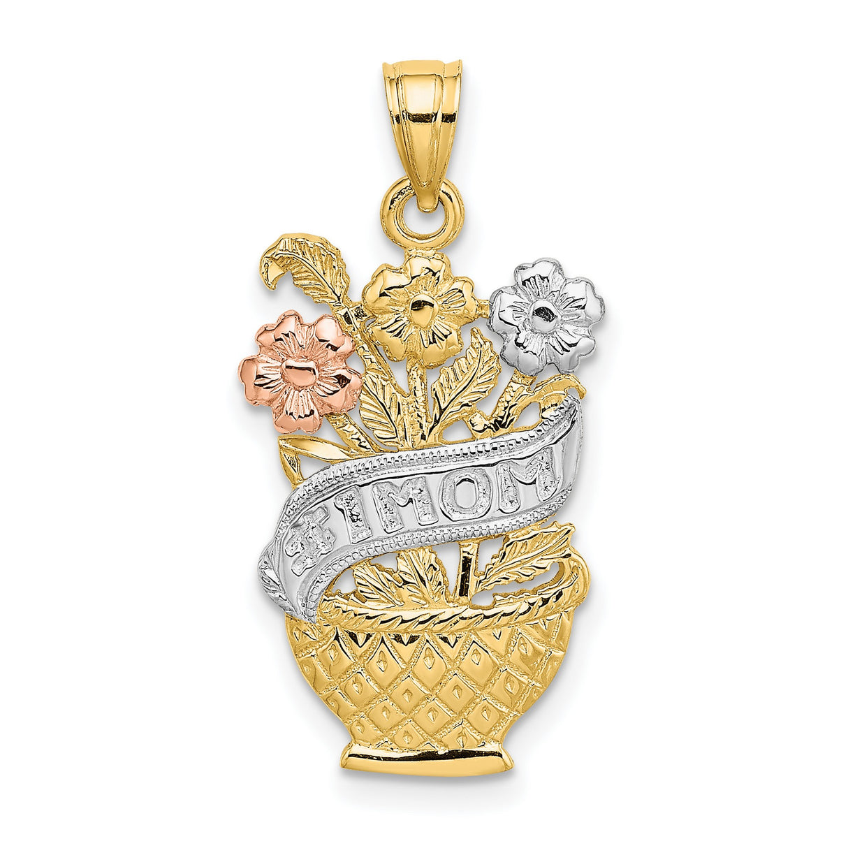 14k Multi-Tone Gold Basket Flower Pendant with MOM Banner and Floral Design