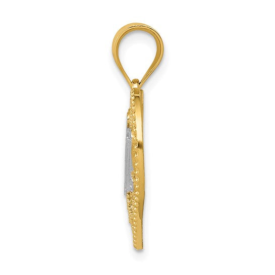 14k Two-Tone Gold Heart Pendant, Filigree Design with Bold Number One Mom Lettering