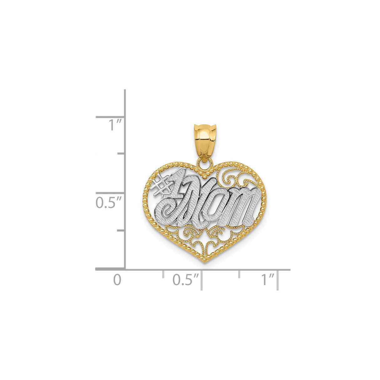 14k Two-Tone Gold Heart Pendant, Filigree Design with Bold Number One Mom Lettering