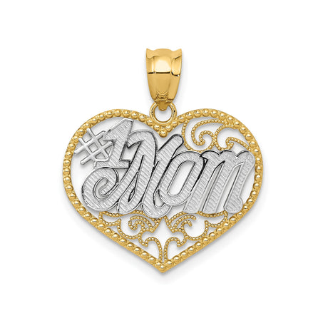 14k Two-Tone Gold Heart Pendant, Filigree Design with Bold Number One Mom Lettering