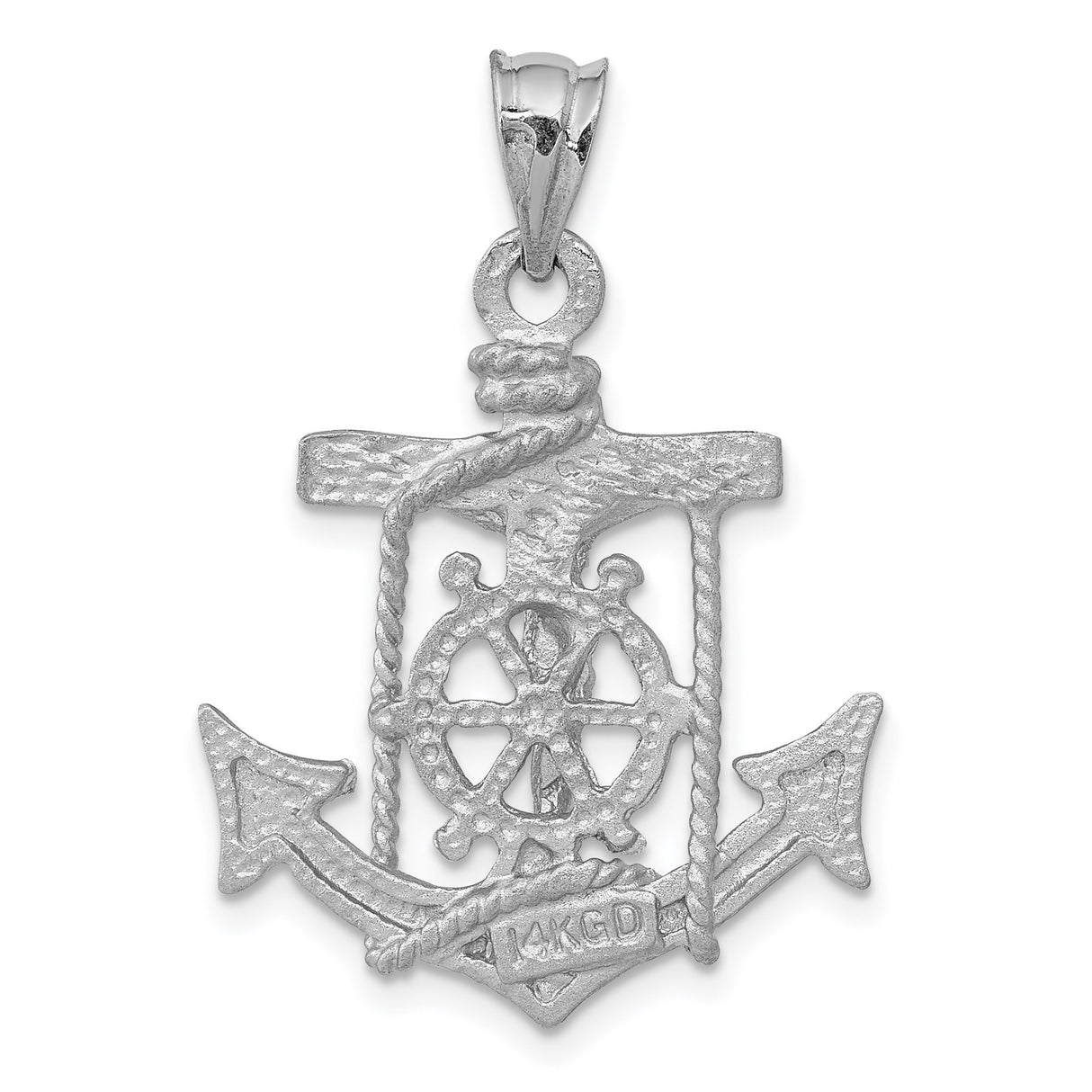 14k White Gold Crucifix Anchor Pendant with Rope and Ship Wheel Design