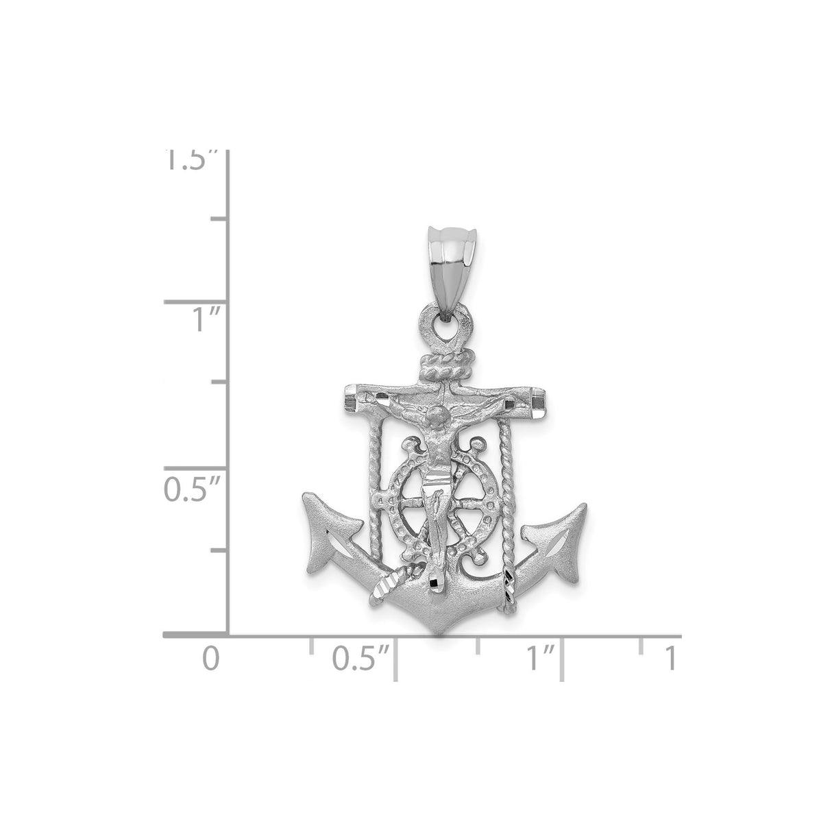 14k White Gold Crucifix Anchor Pendant with Rope and Ship Wheel Design