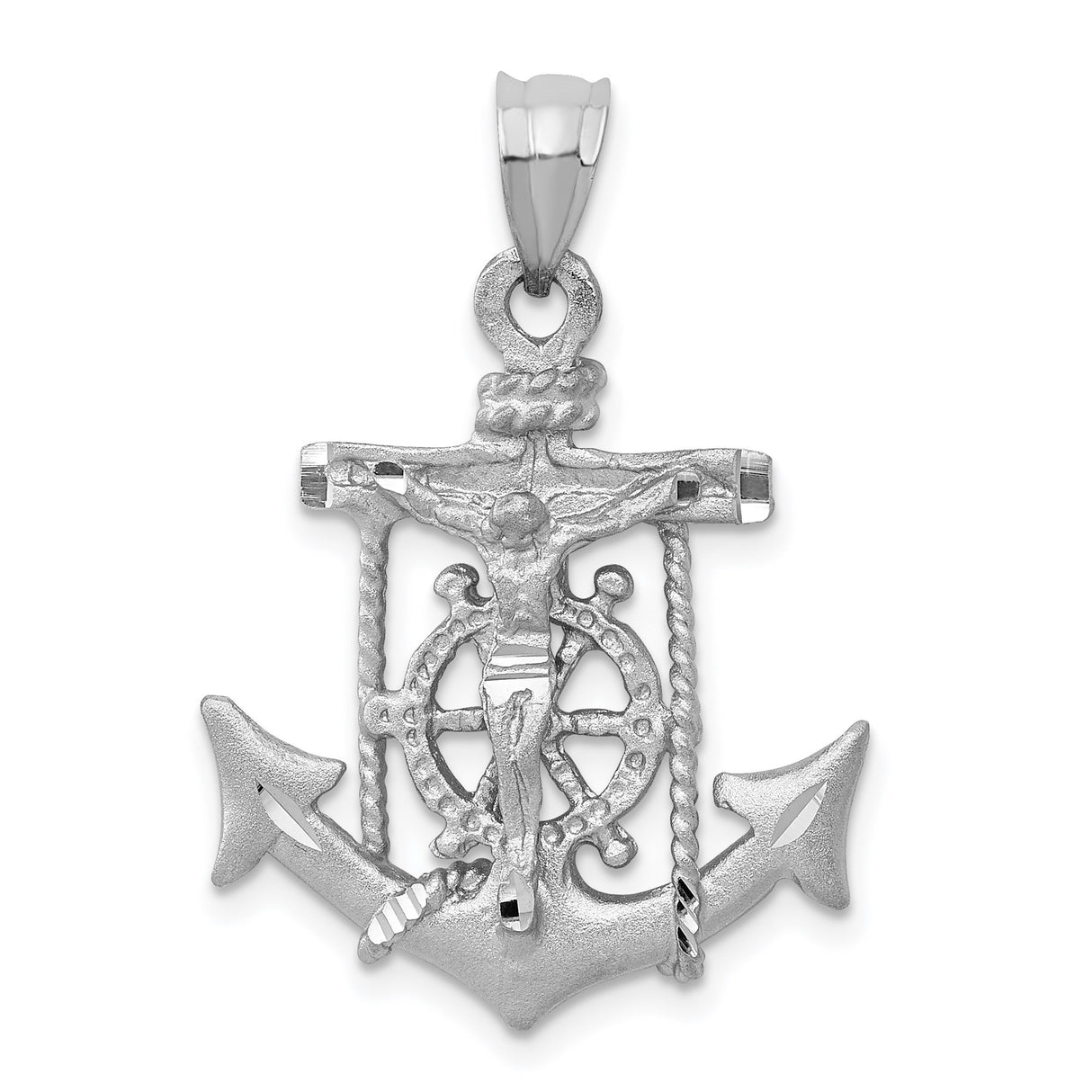 14k White Gold Crucifix Anchor Pendant with Rope and Ship Wheel Design