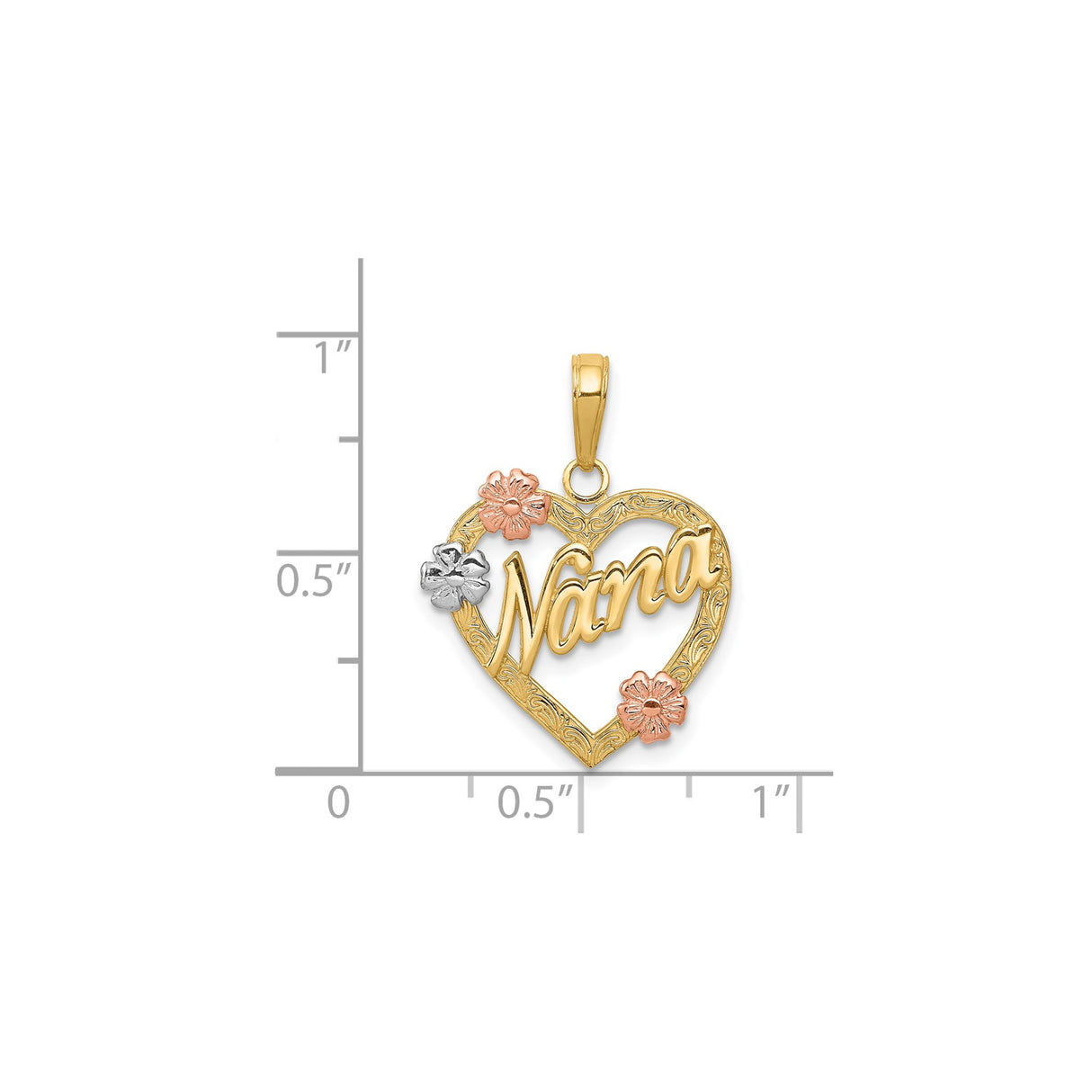 14k Tri-Color Gold Heart Pendant with Nana Script and Floral Accents for Women