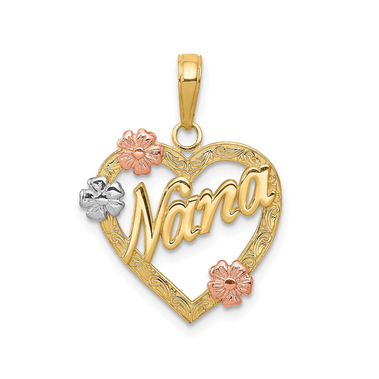 14k Tri-Color Gold Heart Pendant with Nana Script and Floral Accents for Women