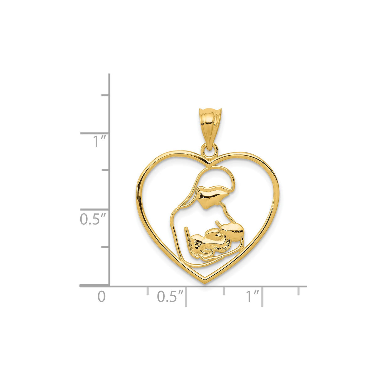 14k Yellow Gold Heart Pendant with Mother Holding Baby, Open Heart Family Theme Charm