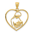 14k Yellow Gold Heart Pendant with Mother Holding Baby, Open Heart Family Theme Charm