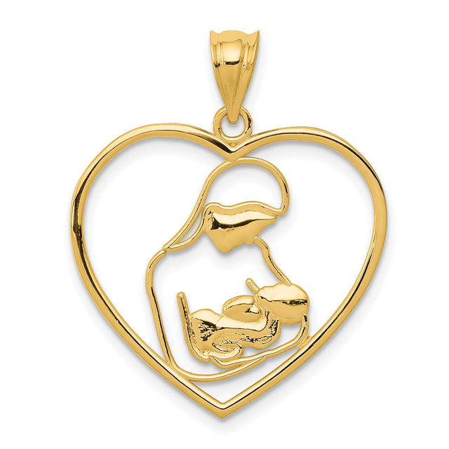 14k Yellow Gold Heart Pendant with Mother Holding Baby, Open Heart Family Theme Charm