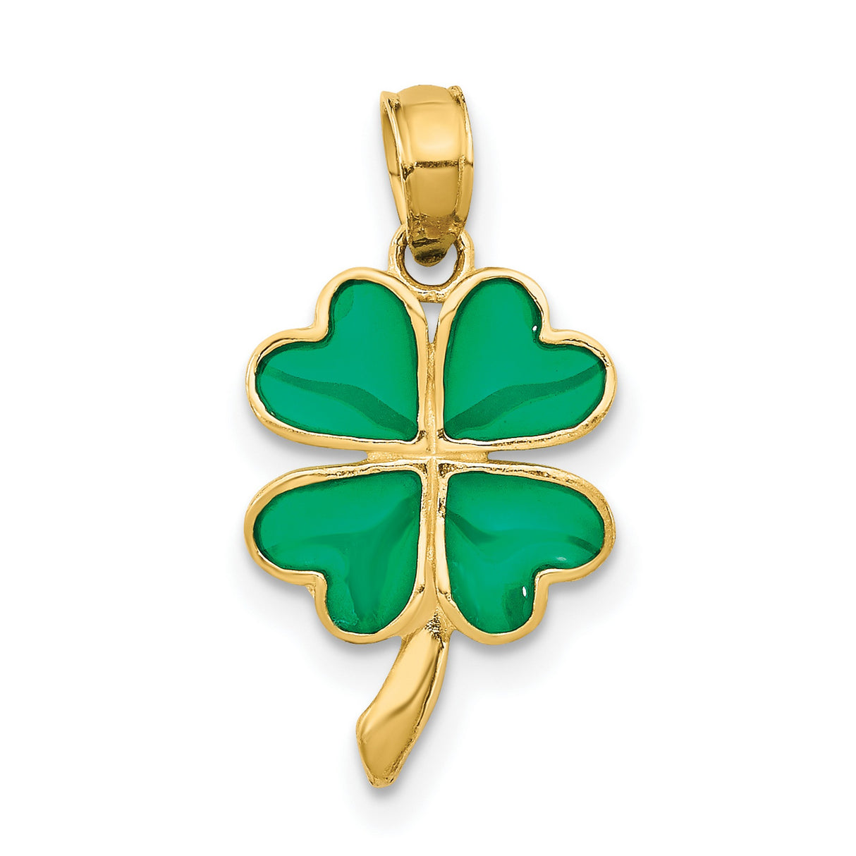 14k Yellow Gold Four Leaf Clover Pendant with Green Enamel Accents, Irish Shamrock Charm