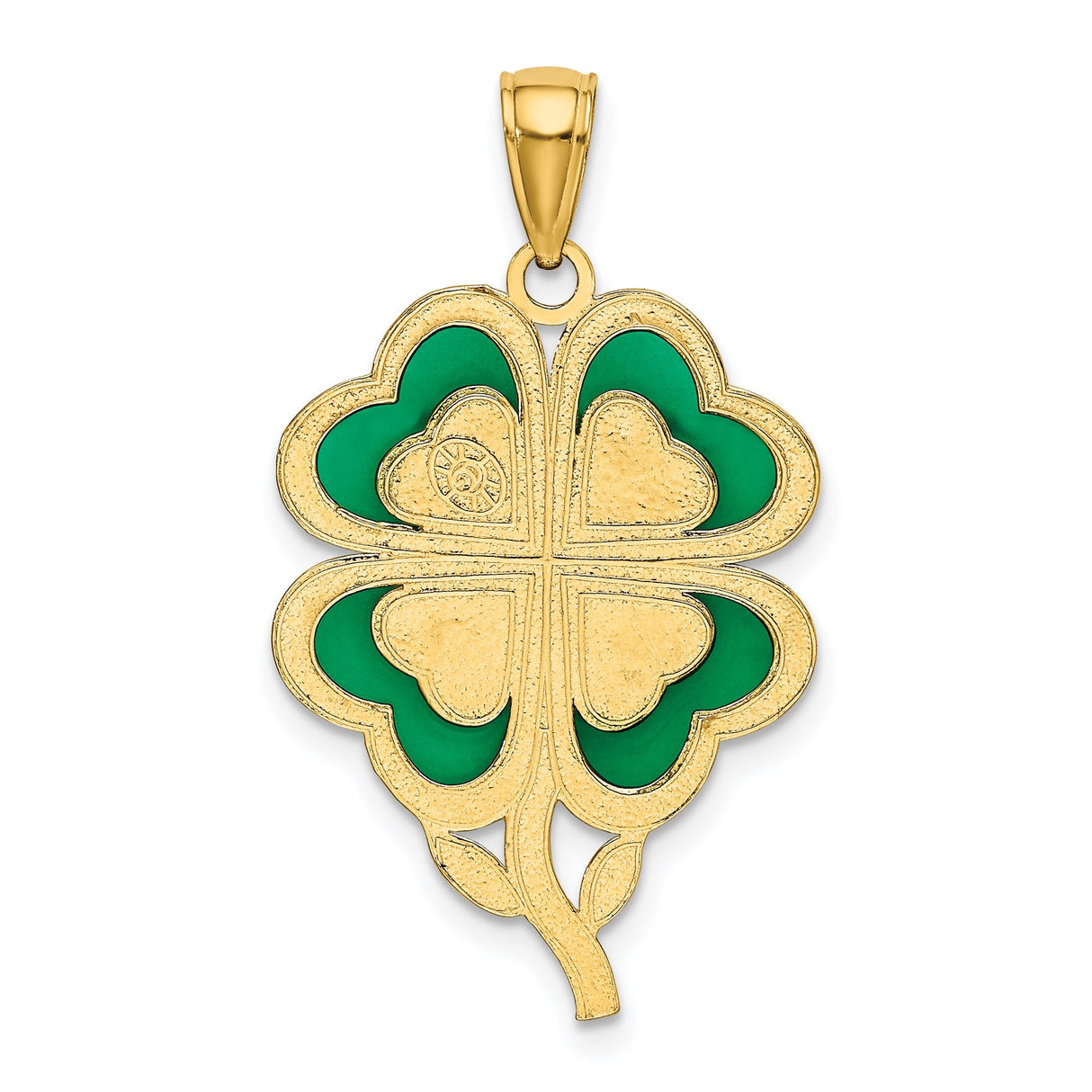 14k Yellow Gold Clover Pendant with Green Acrylic Heart Leaf Design Charm