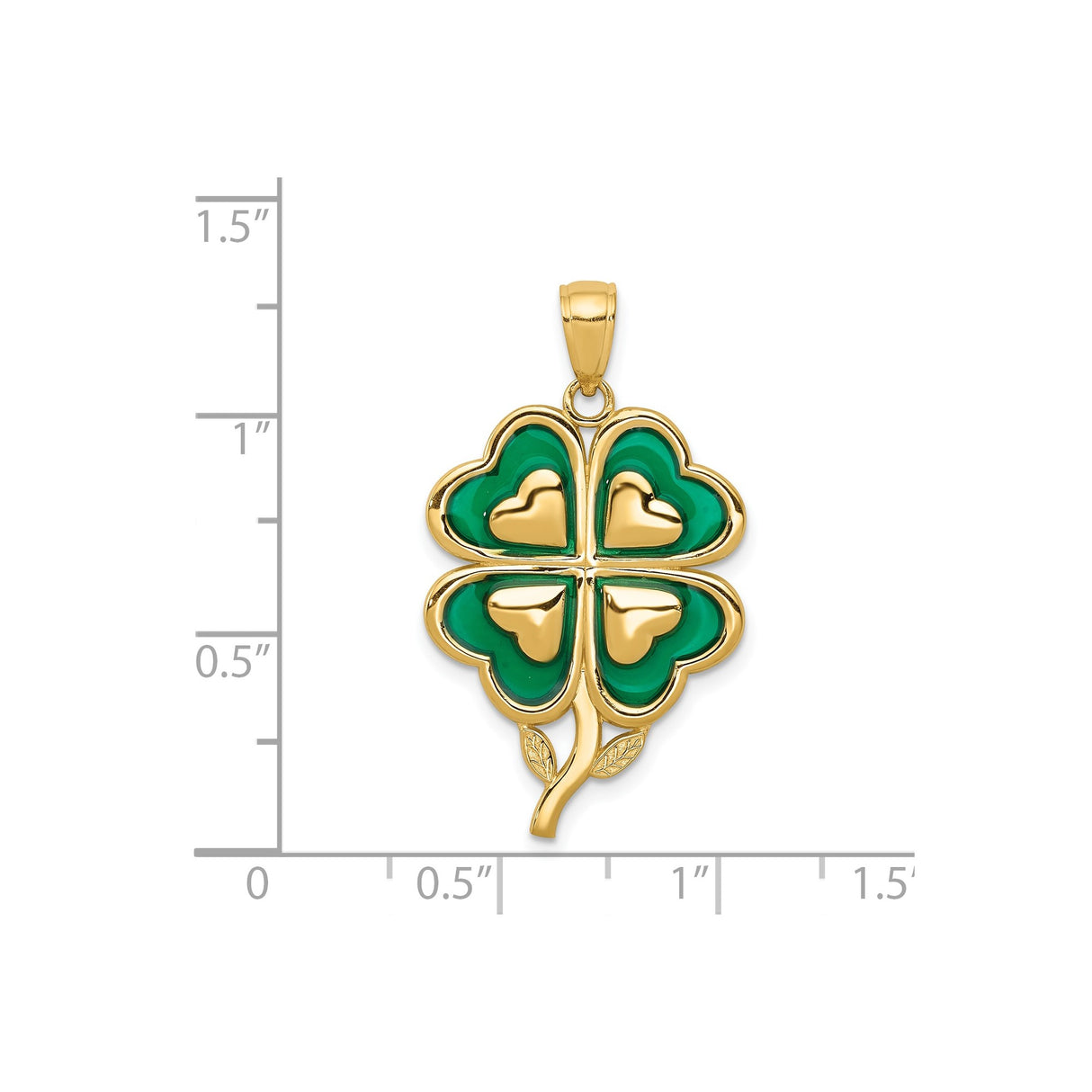 14k Yellow Gold Clover Pendant with Green Acrylic Heart Leaf Design Charm