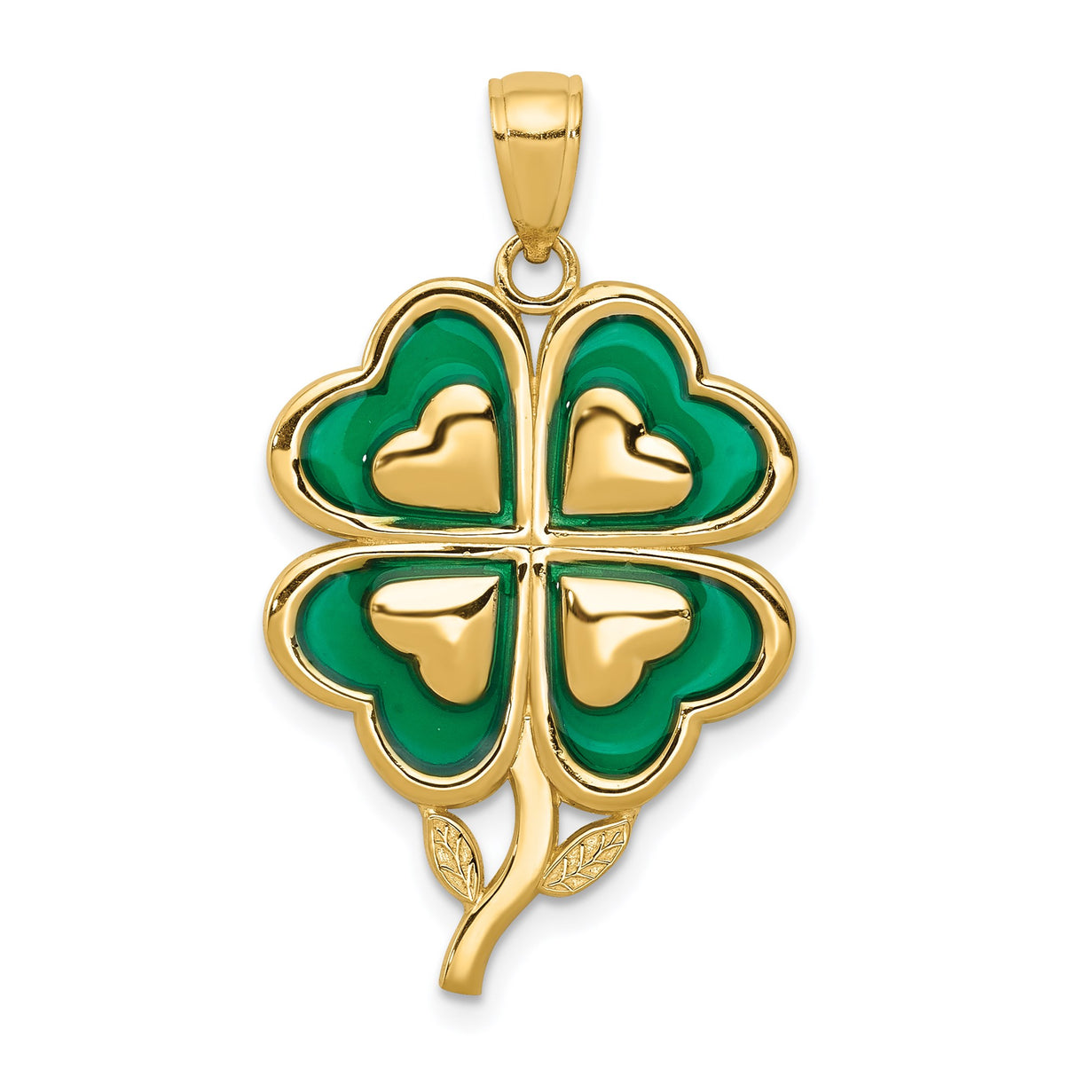 14k Yellow Gold Clover Pendant with Green Acrylic Heart Leaf Design Charm
