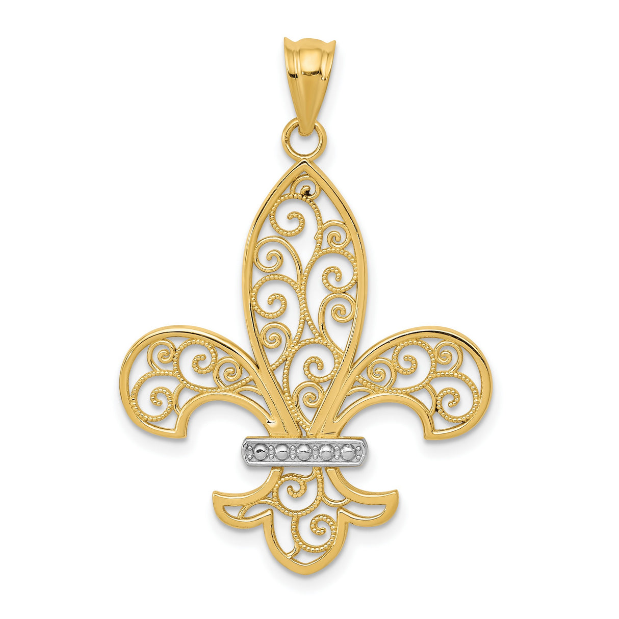 14k Multi-Tone Gold Fleur de Lis Pendant with Filigree Scroll Design for Women