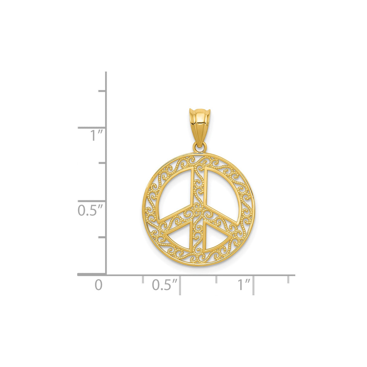 14k Yellow Gold Peace Sign Pendant, Filigree Scrollwork Harmony Symbol for Women
