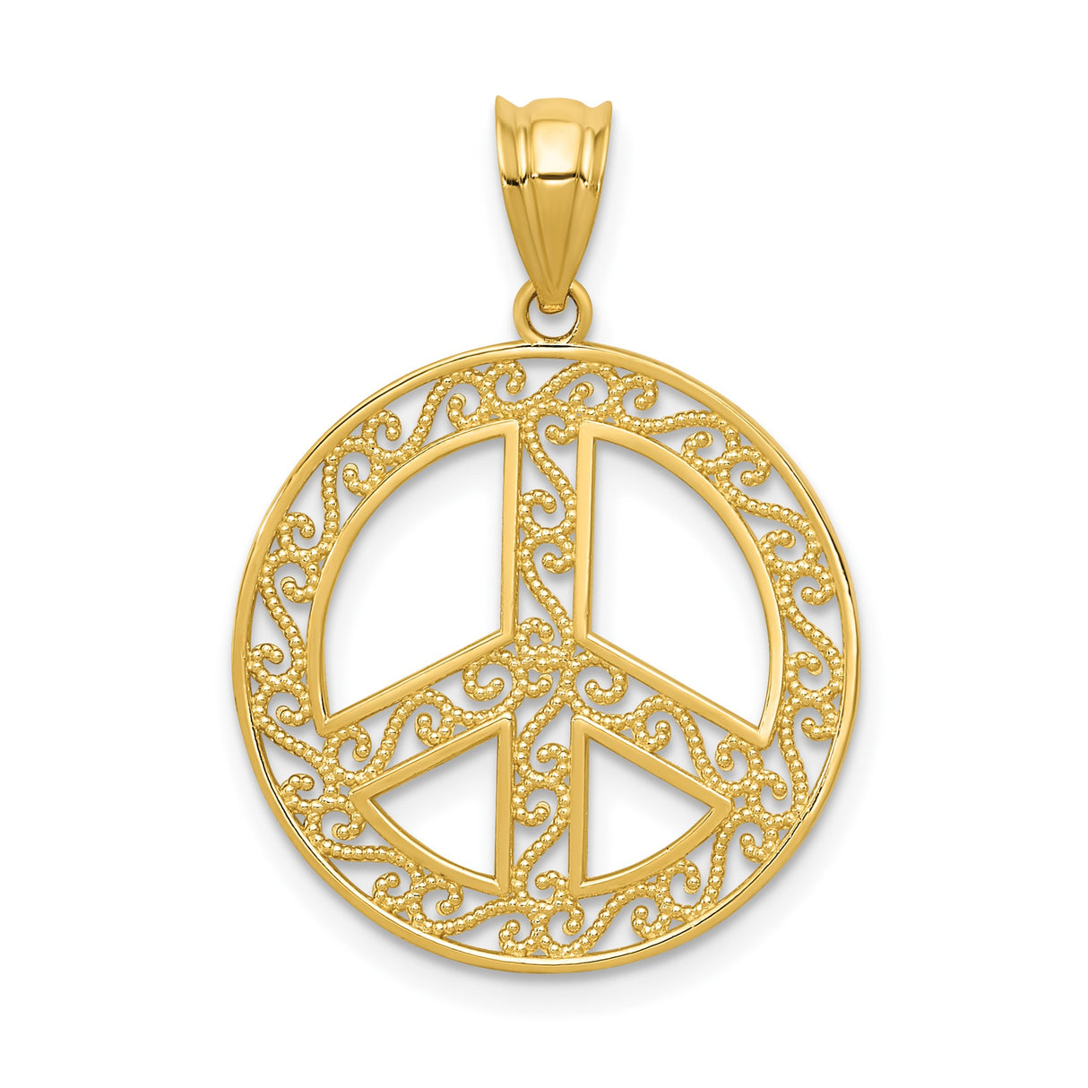 14k Yellow Gold Peace Sign Pendant, Filigree Scrollwork Harmony Symbol for Women