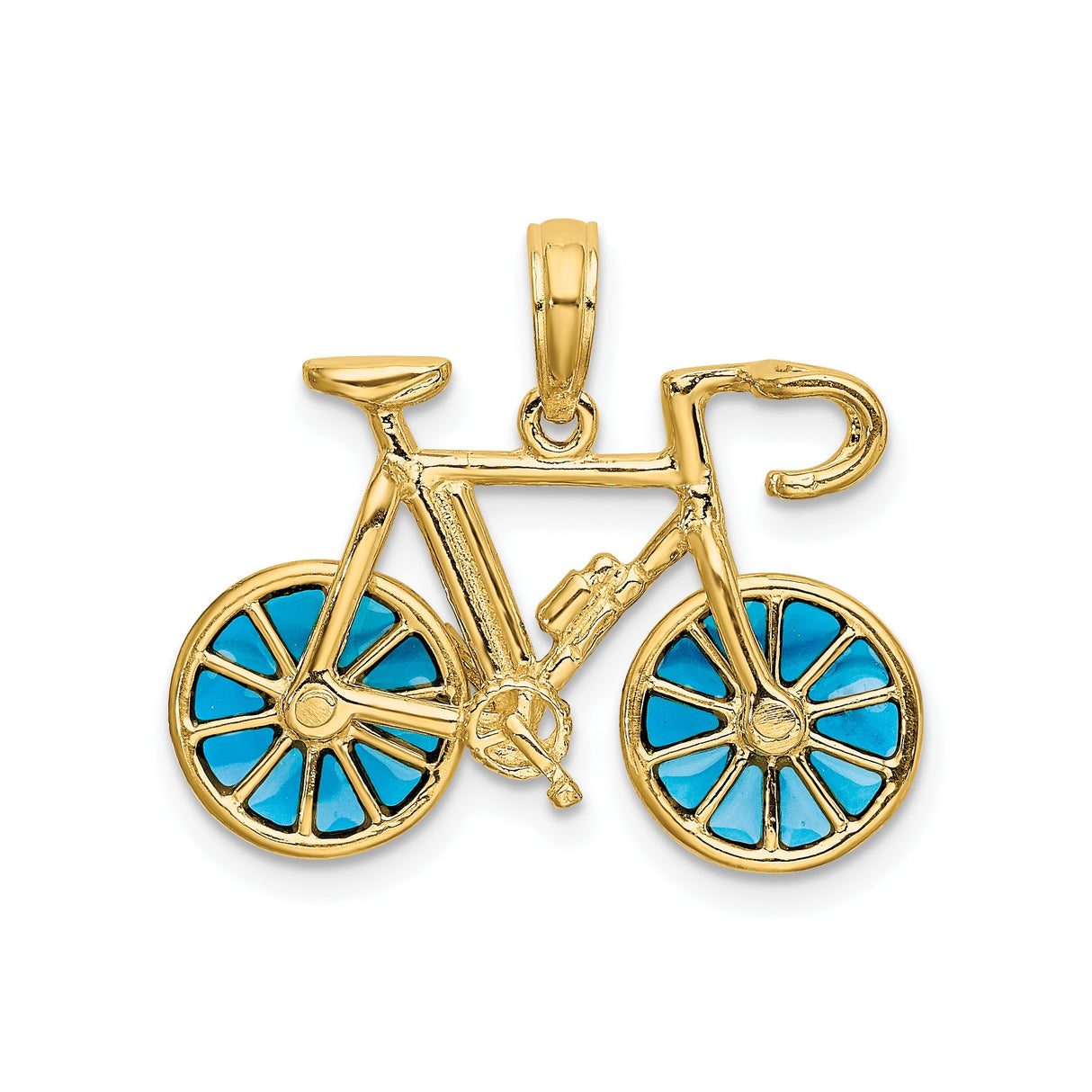 14k Yellow Gold Bicycle Pendant with Blue Enamel Wheels, Road Bike Design with Water Bottle