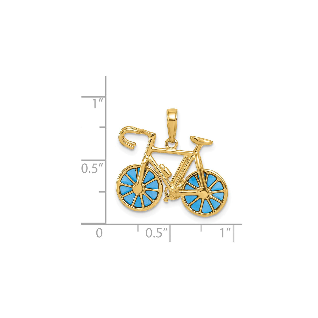14k Yellow Gold Bicycle Pendant with Blue Enamel Wheels, Road Bike Design with Water Bottle