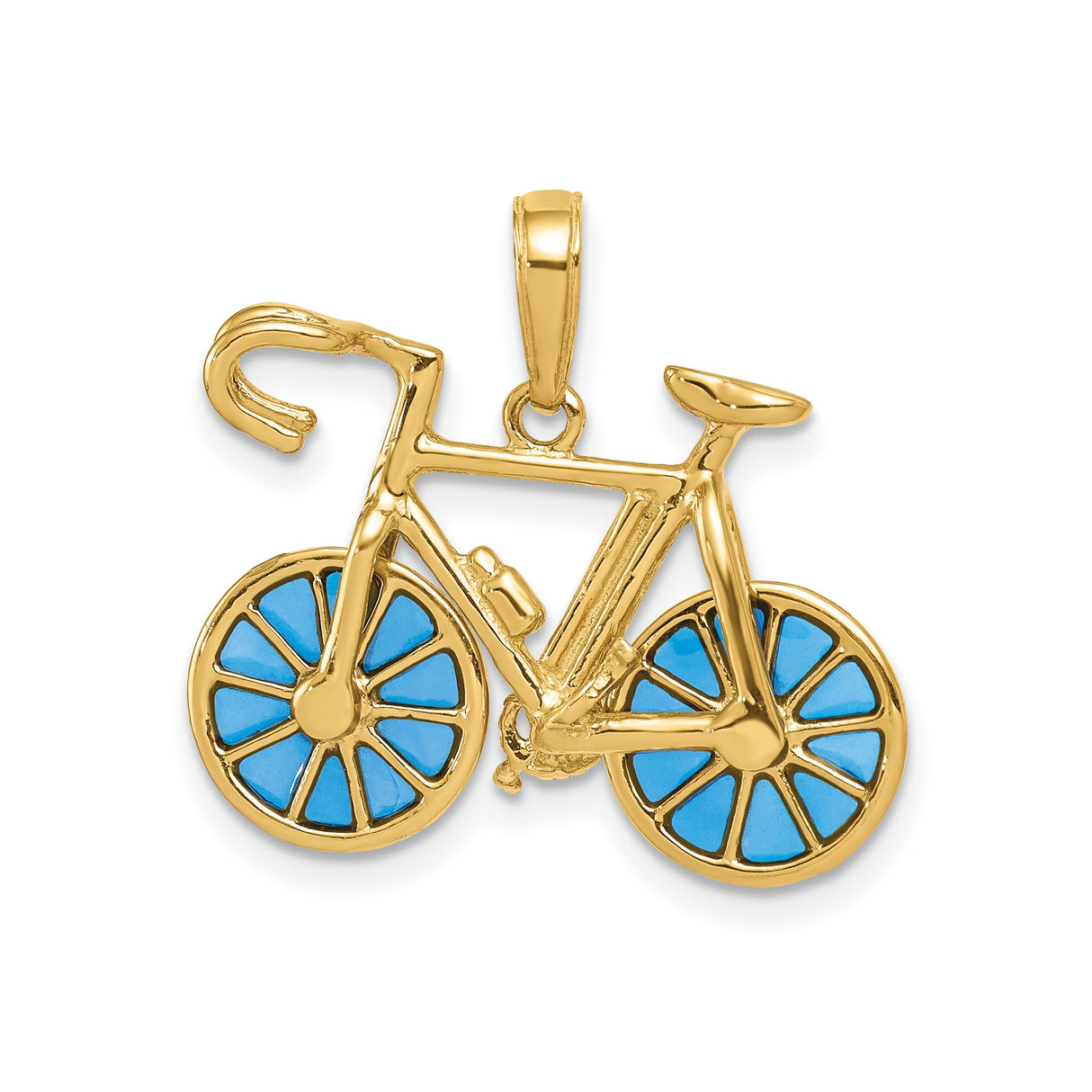 14k Yellow Gold Bicycle Pendant with Blue Enamel Wheels, Road Bike Design with Water Bottle
