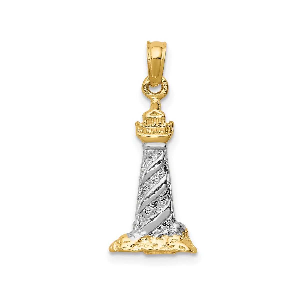 14k Multi-Tone Gold Lighthouse Pendant, Nautical Spiral Design with Rocky Base
