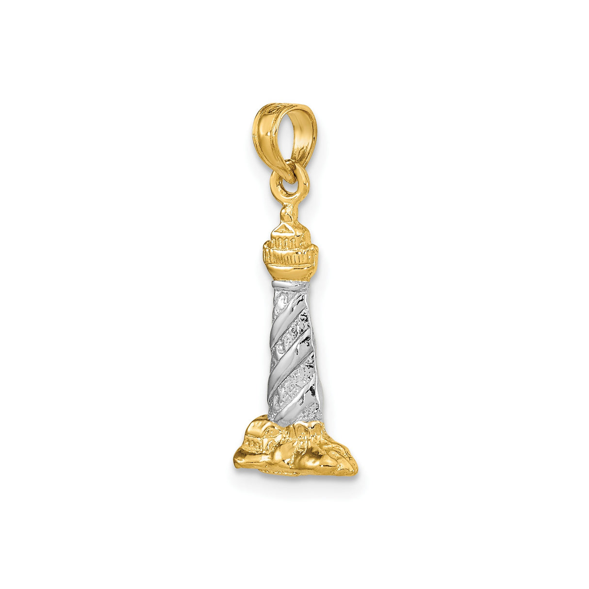 14k Multi-Tone Gold Lighthouse Pendant, Nautical Spiral Design with Rocky Base