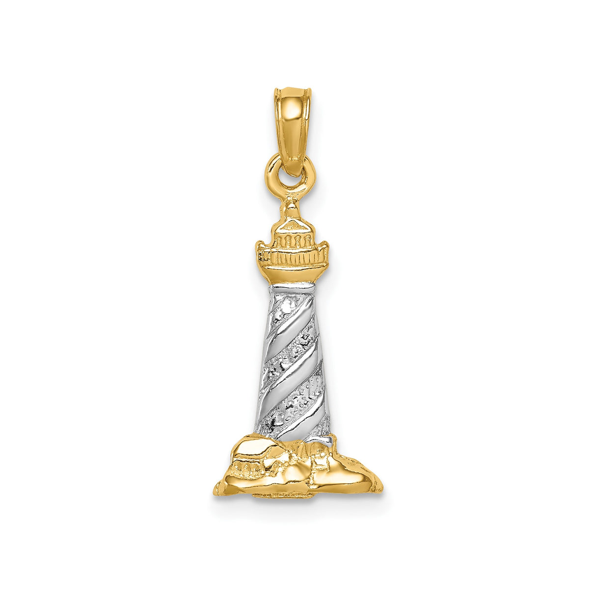 14k Multi-Tone Gold Lighthouse Pendant, Nautical Spiral Design with Rocky Base