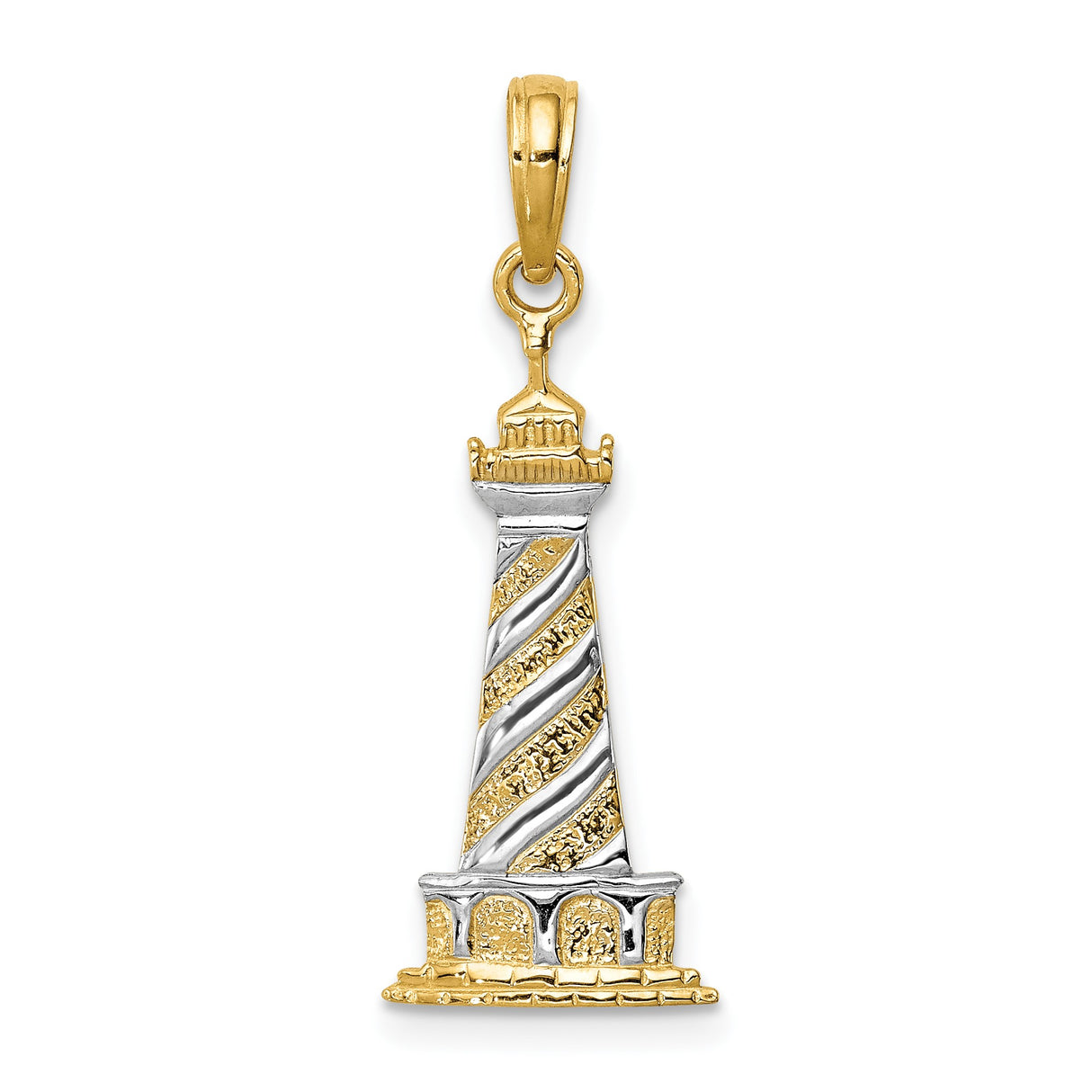 14k Multi-Tone Gold Lighthouse Pendant with Rhodium Detail, Nautical Coastal Charm