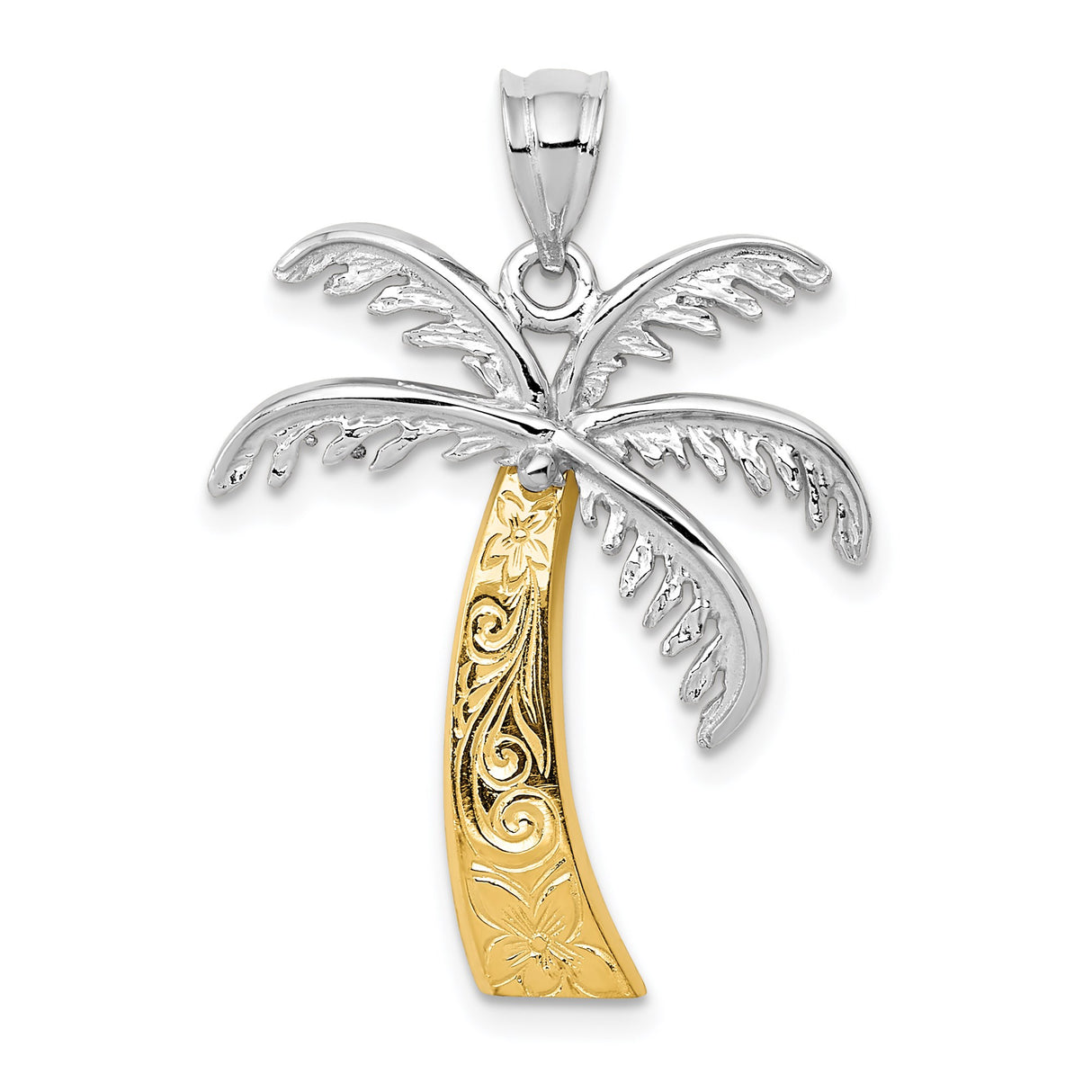 14k Two Tone Gold Palm Tree Pendant with Floral Engraving, Tropical Beach Charm