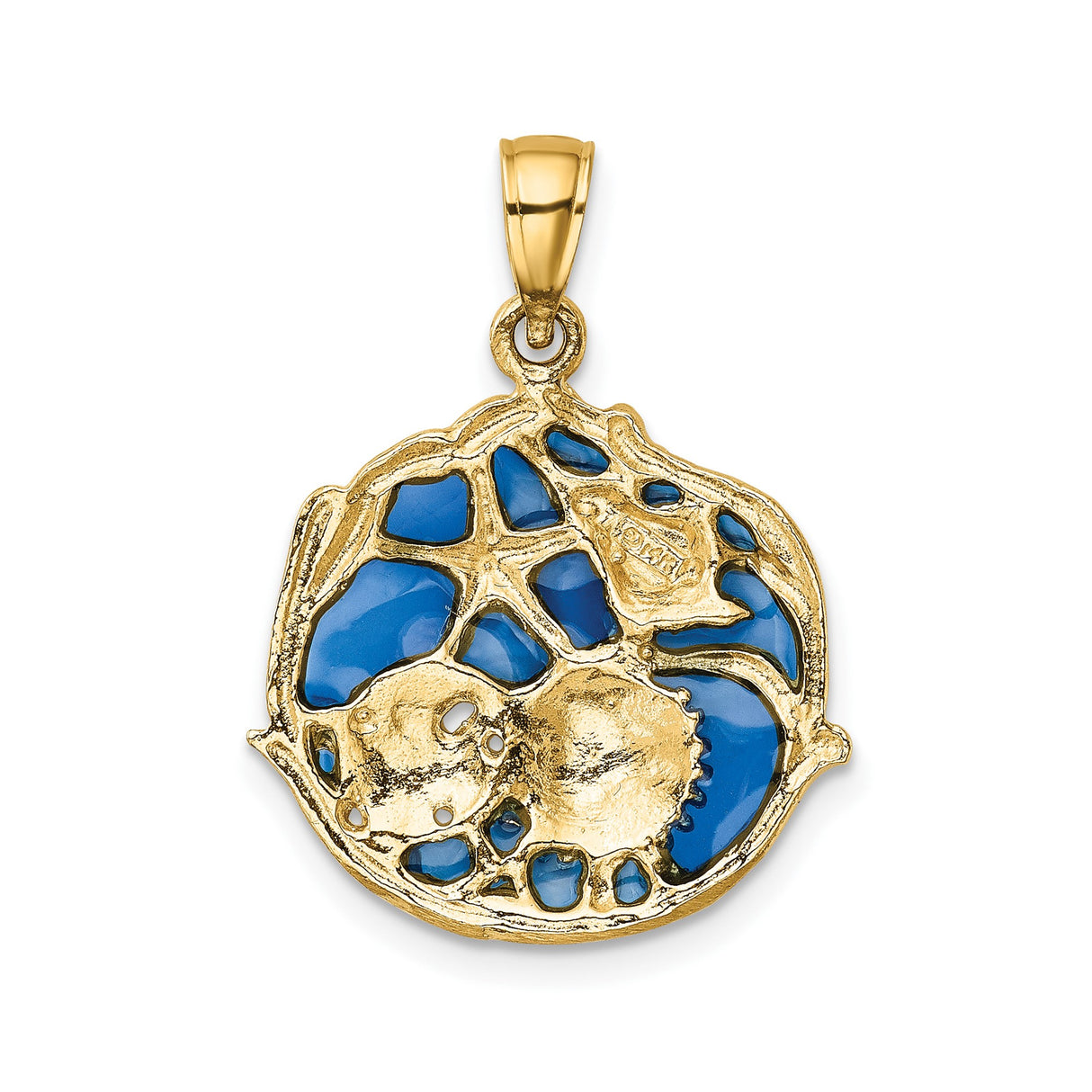 14k Yellow Gold Pendant with Starfish, Sand Dollar, Conch and Seashell over Blue Enamel , Ocean Theme