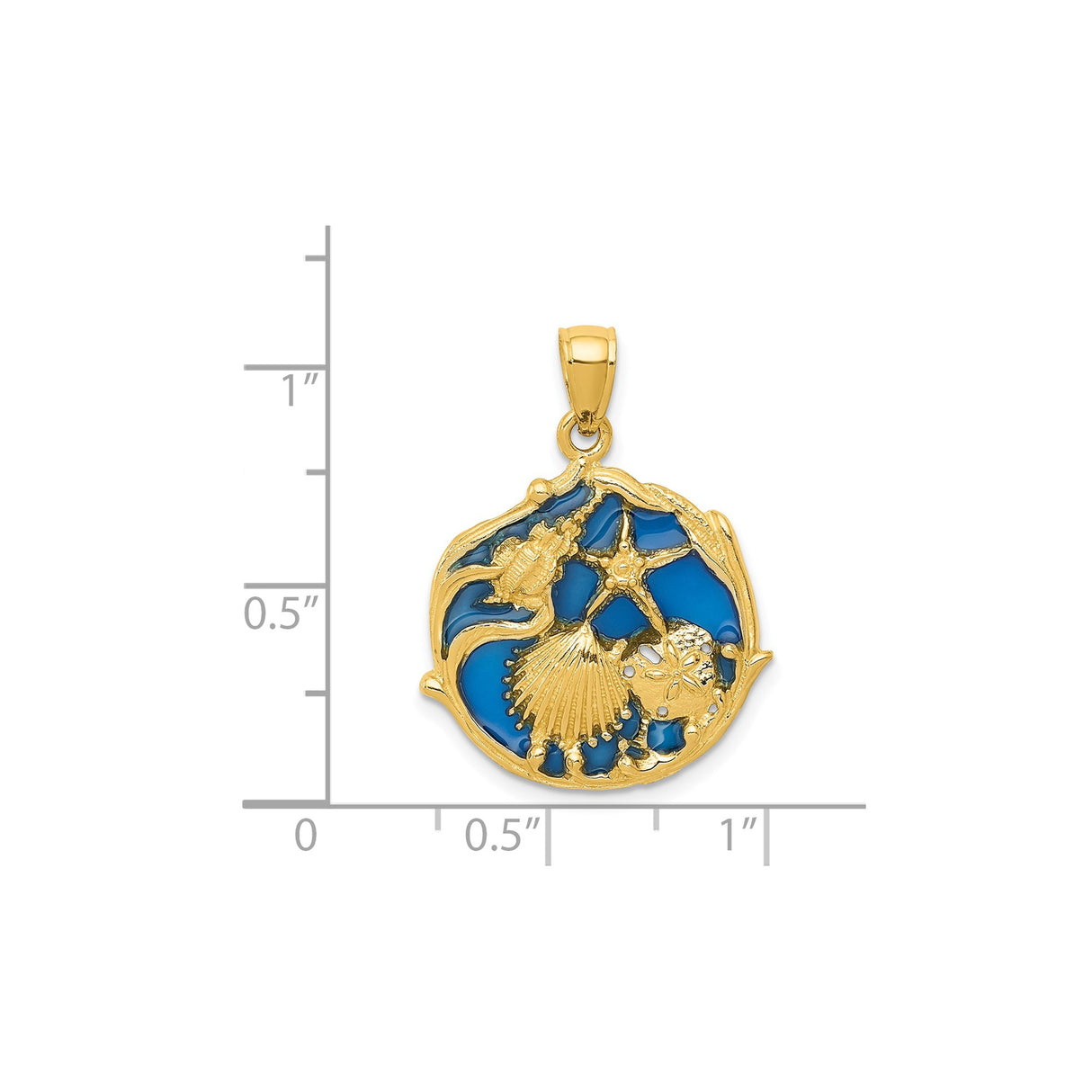 14k Yellow Gold Pendant with Starfish, Sand Dollar, Conch and Seashell over Blue Enamel , Ocean Theme