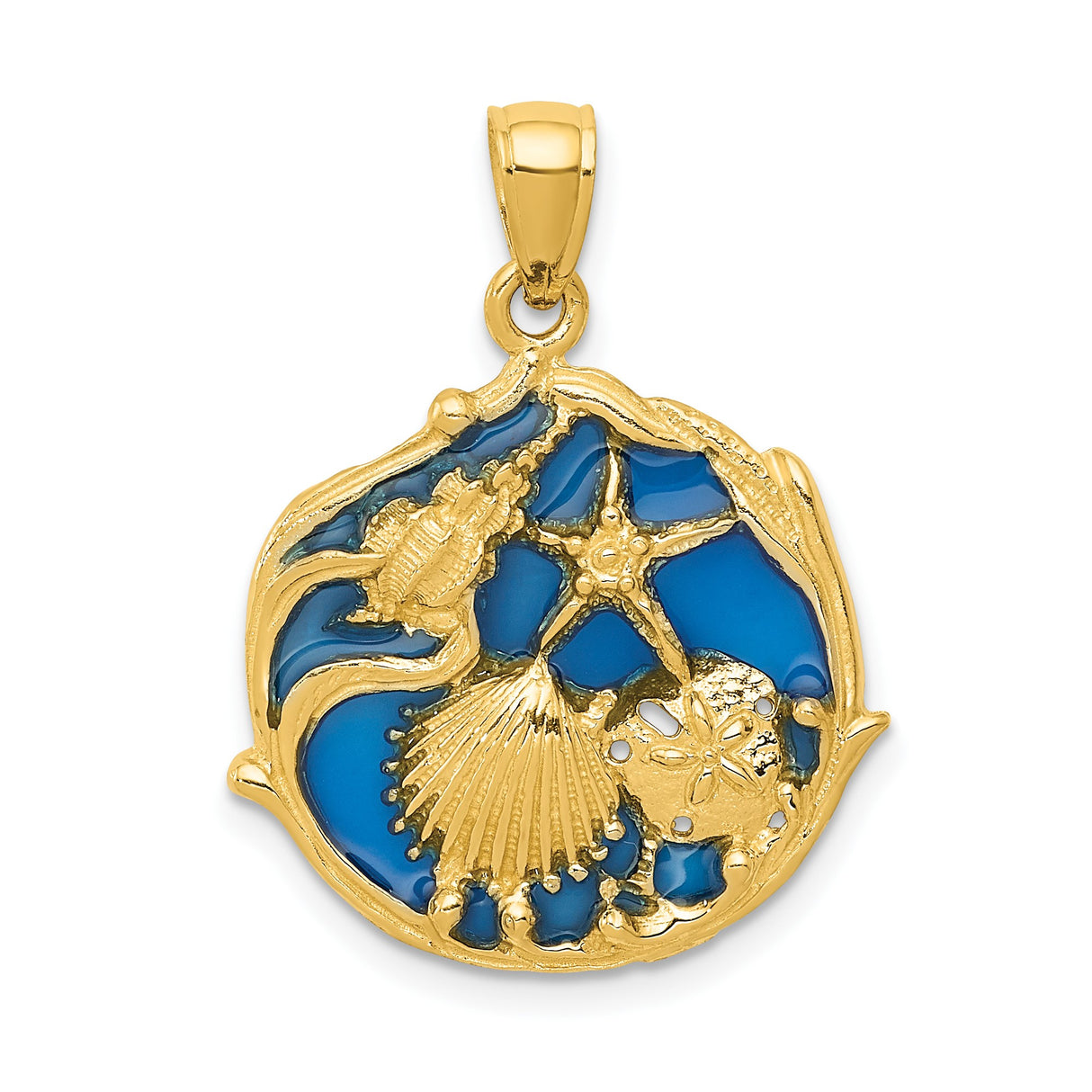 14k Yellow Gold Pendant with Starfish, Sand Dollar, Conch and Seashell over Blue Enamel , Ocean Theme